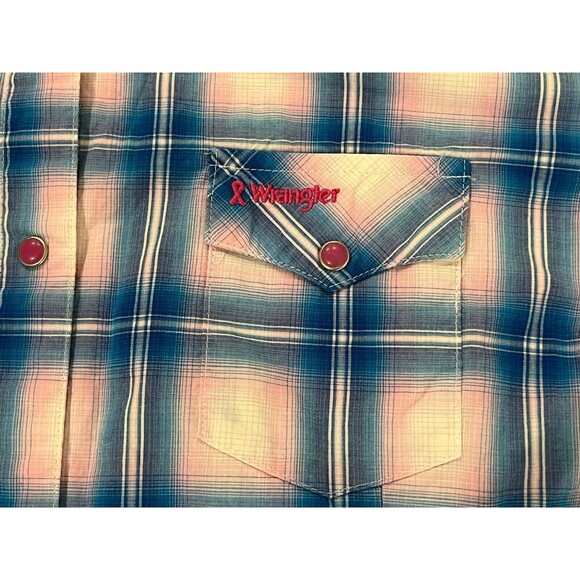 Wrangler Pink Blue Plaid Breast Cancer Awareness Snap Button Women's XXL - Picture 3 of 6
